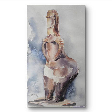 a watercolor painting of a statue
