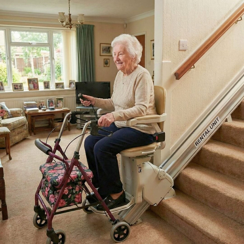 elderly woman is using a rental stairlift unit