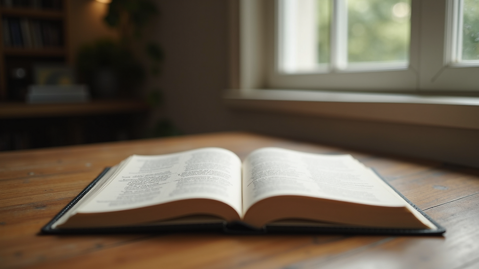 Eye-level view of an open journal resting on a wooden table