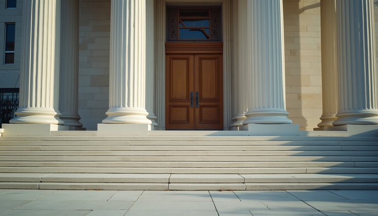 Eye-level view of a courthouse entrance with steps leading up to the doors