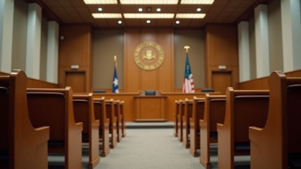 Eye-level view of a courtroom with empty benches