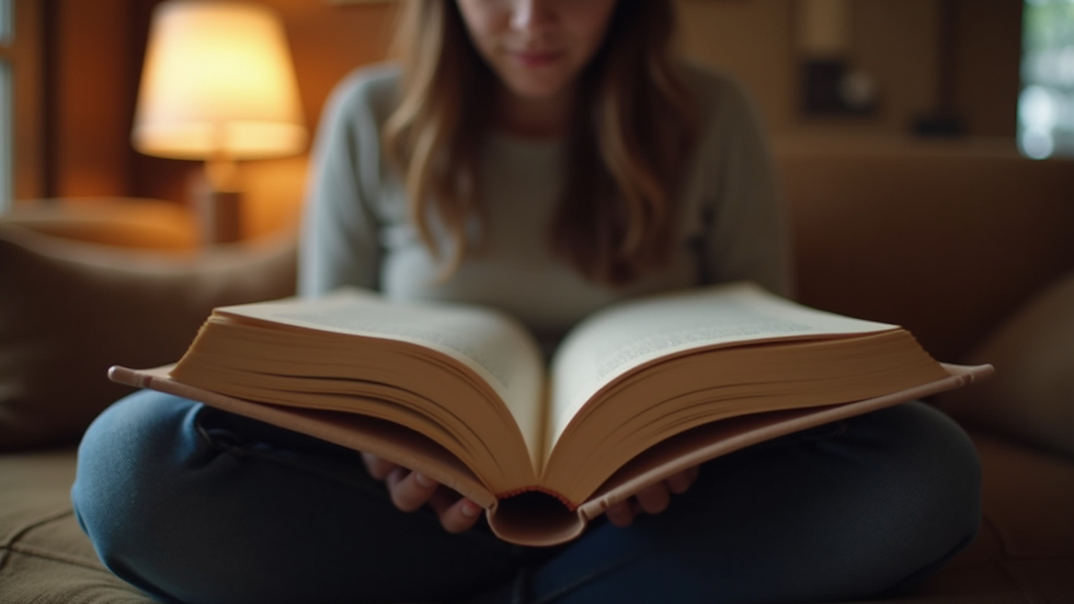 Eye-level view of a person reading a book in a cozy environment