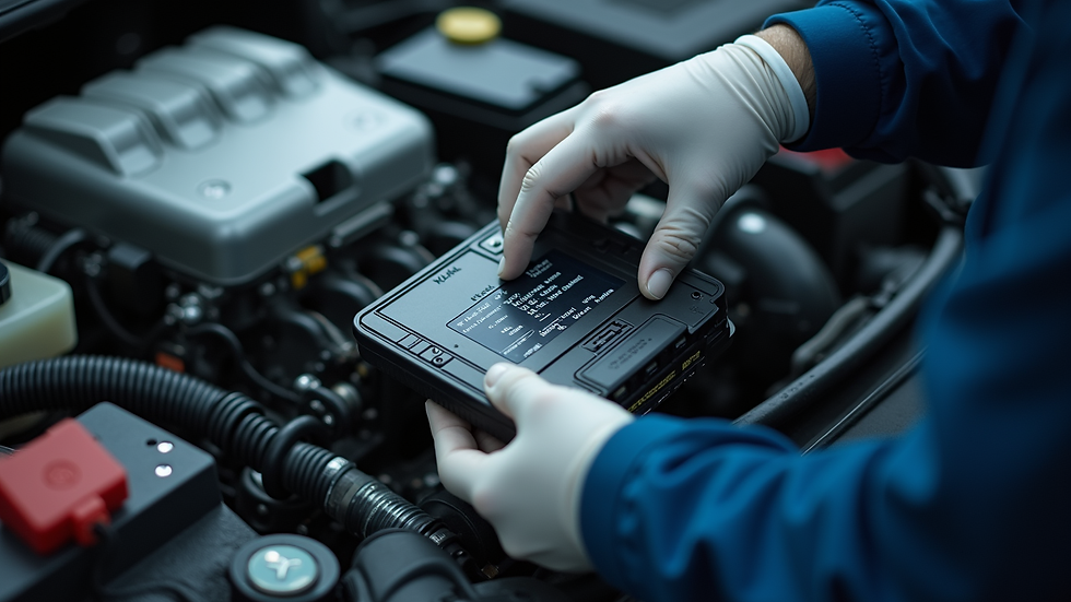 Close-up view of a car's ECU being programmed by a technician