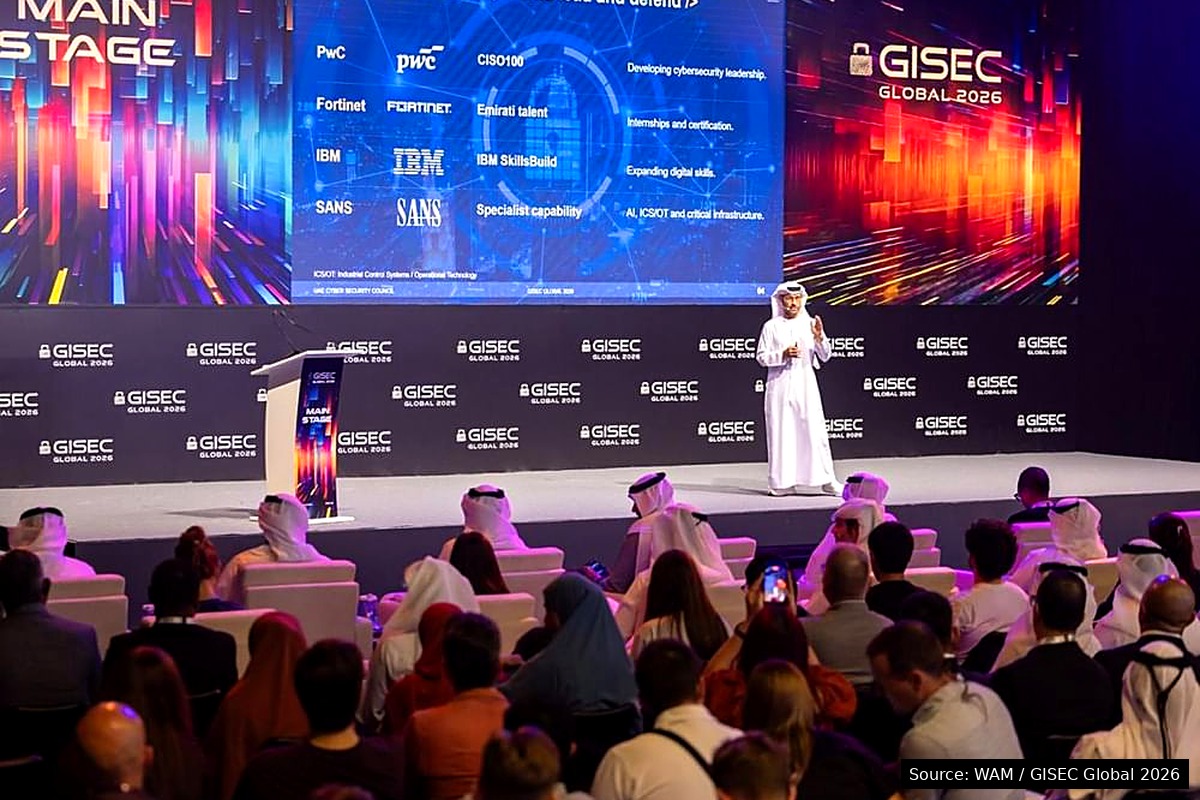 Speaker addressing a Dubai cybersecurity conference audience at GISEC Global 2026. Source: WAM.