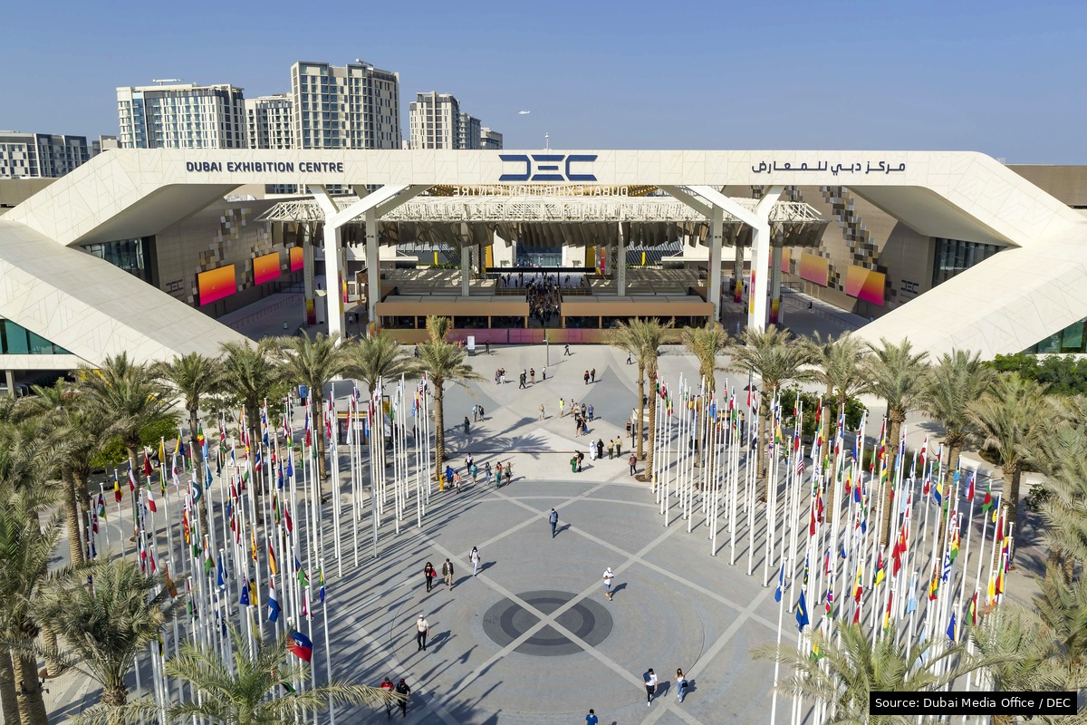 Dubai Exhibition Centre entrance with DUBAI EXHIBITION CENTRE signage, Dubai Media Office photo
