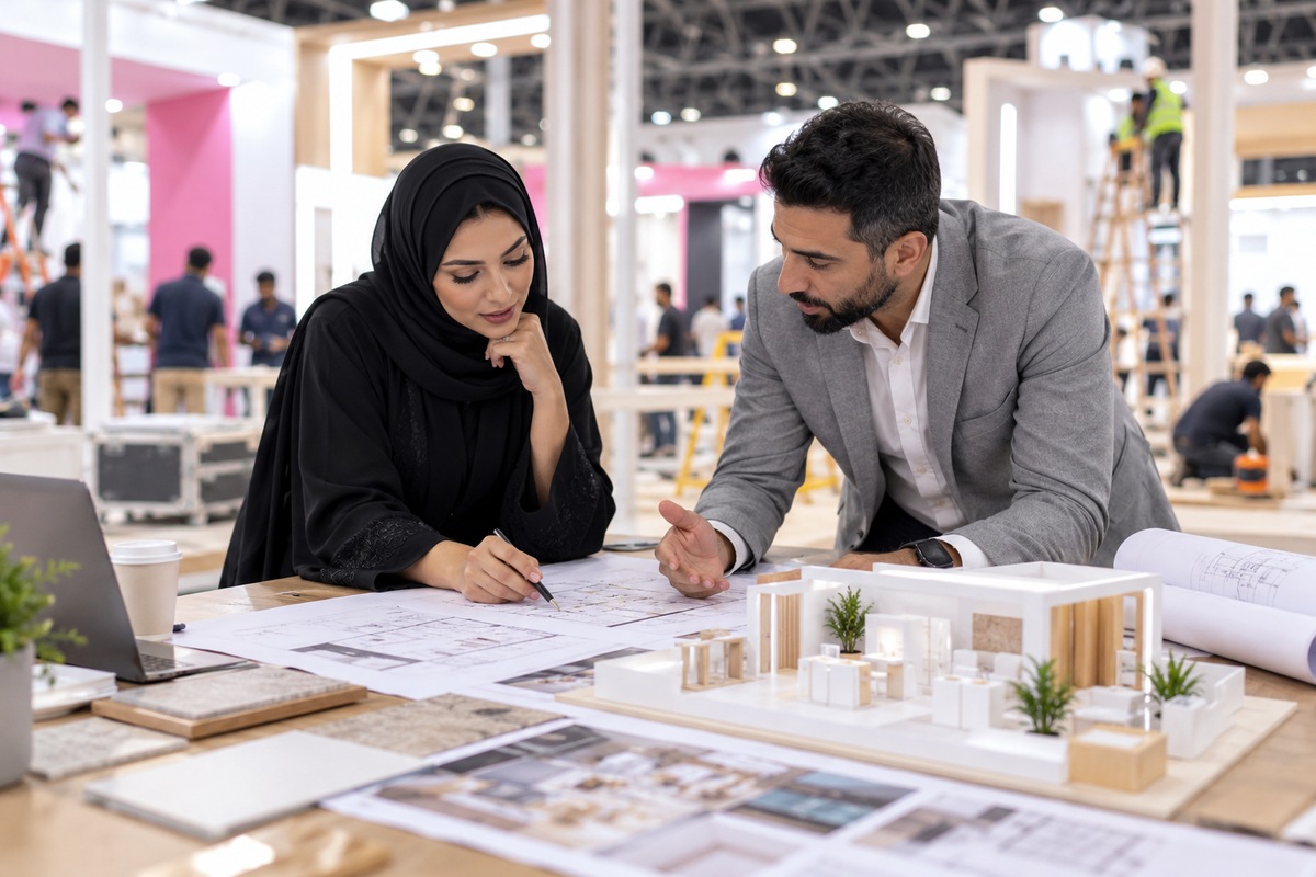 Illustrative editorial photo of a brand manager and a stand contractor reviewing stand drawings in a Dubai exhibition hall.