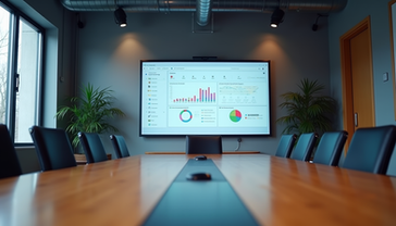 Eye-level view of a modern conference room with AI-powered event management dashboard