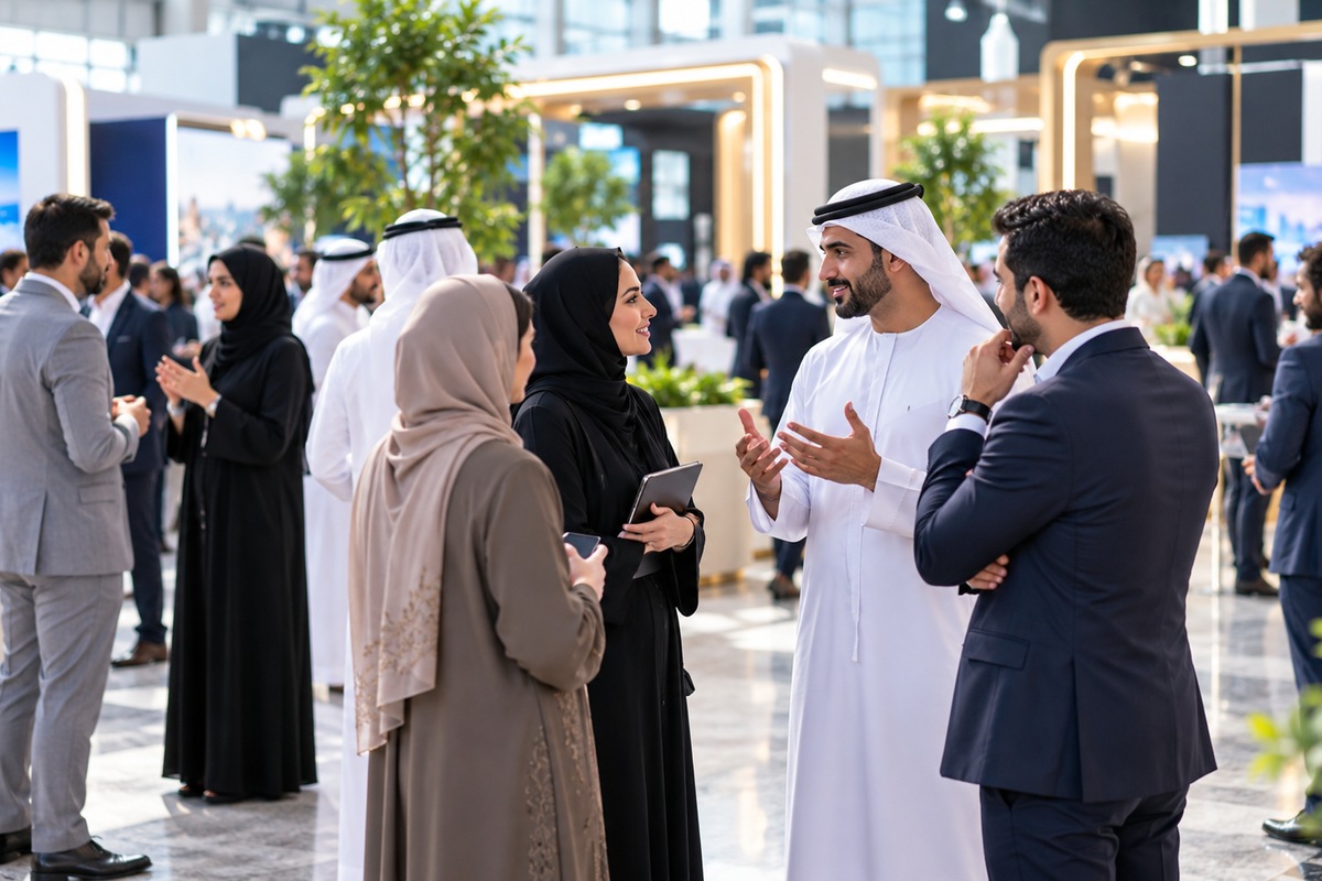 Illustrative editorial photograph of professionals meeting at a Dubai business event.