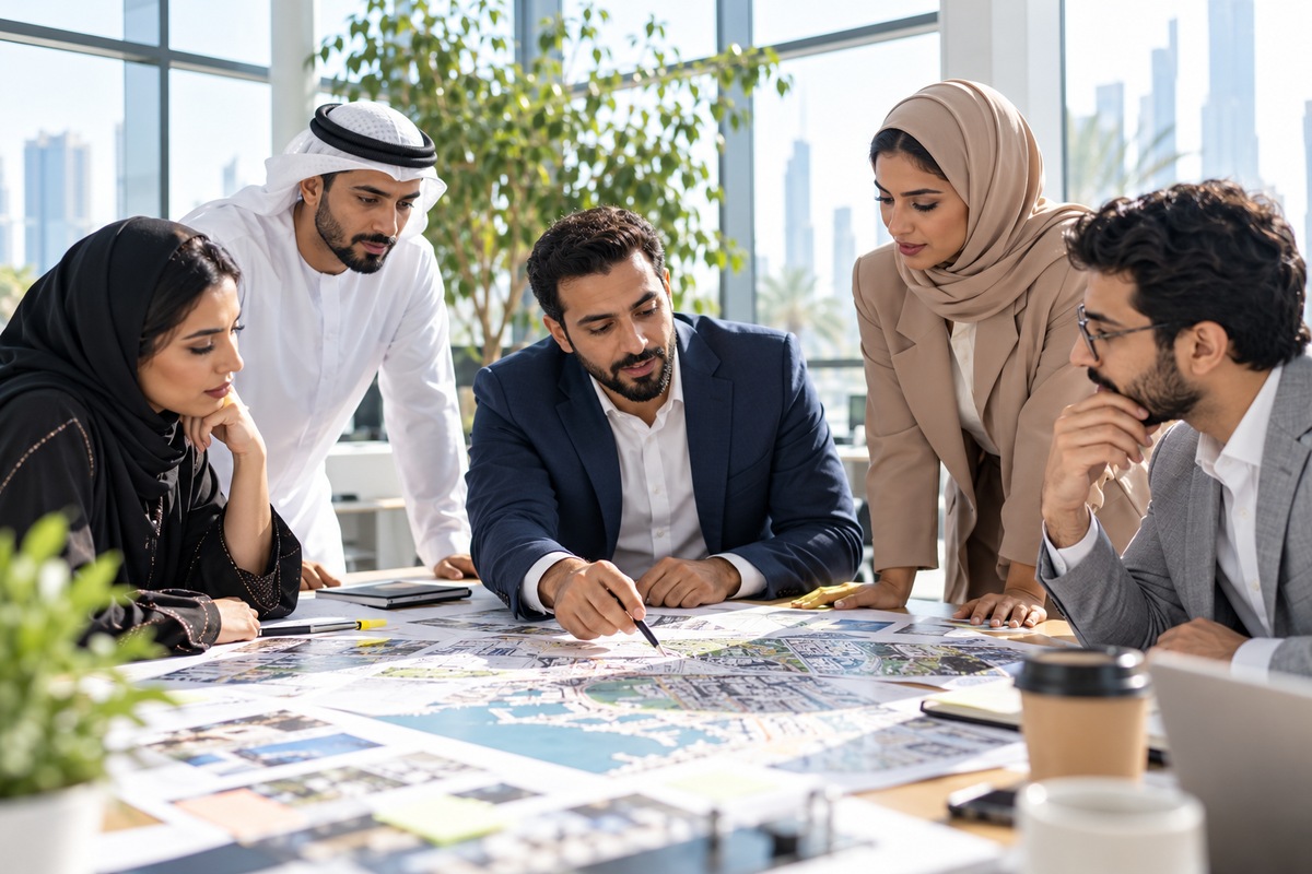 Illustrative editorial photo: a team of professionals planning a multi city event programme around a table with maps and timelines.