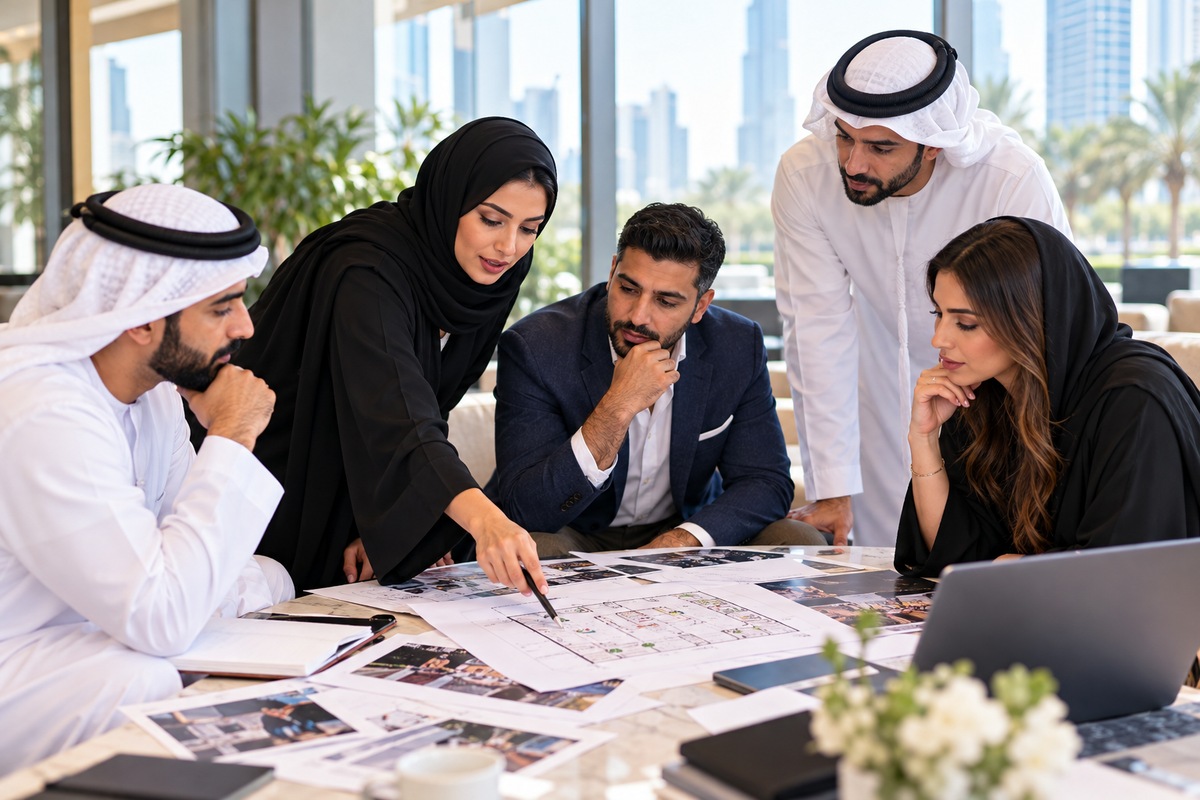 Illustrative editorial photograph of Middle Eastern professionals reviewing a corporate event plan together in a bright Dubai meeting space.