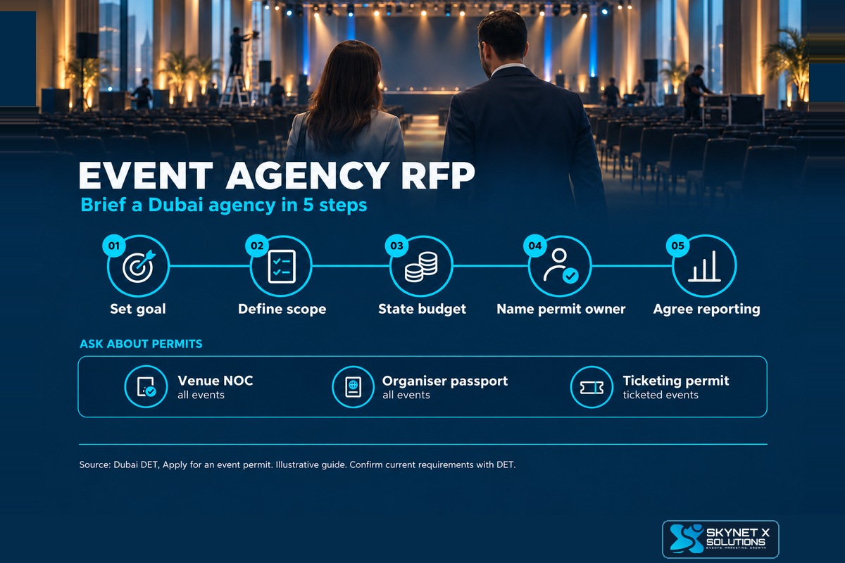 Illustrative infographic: five steps to brief a Dubai event agency in an RFP, with a permit checklist.