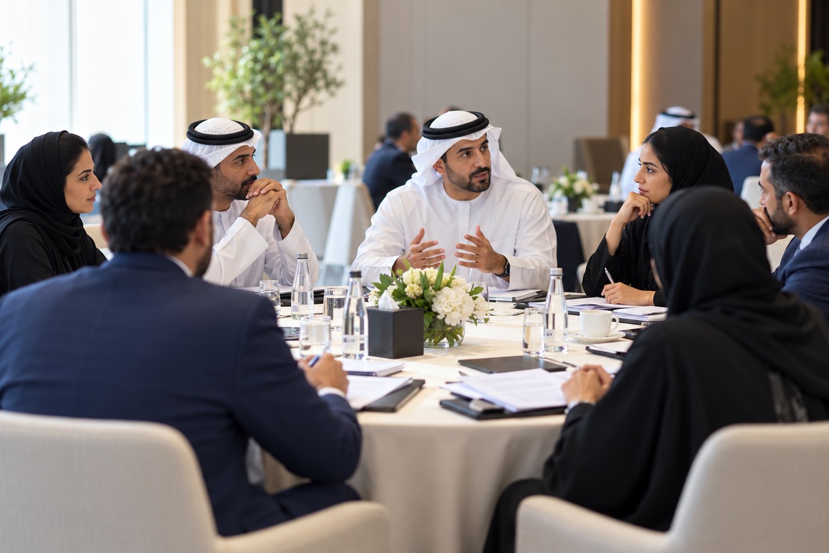 Illustrative regenerated editorial photo of professionals in a Dubai conference roundtable.