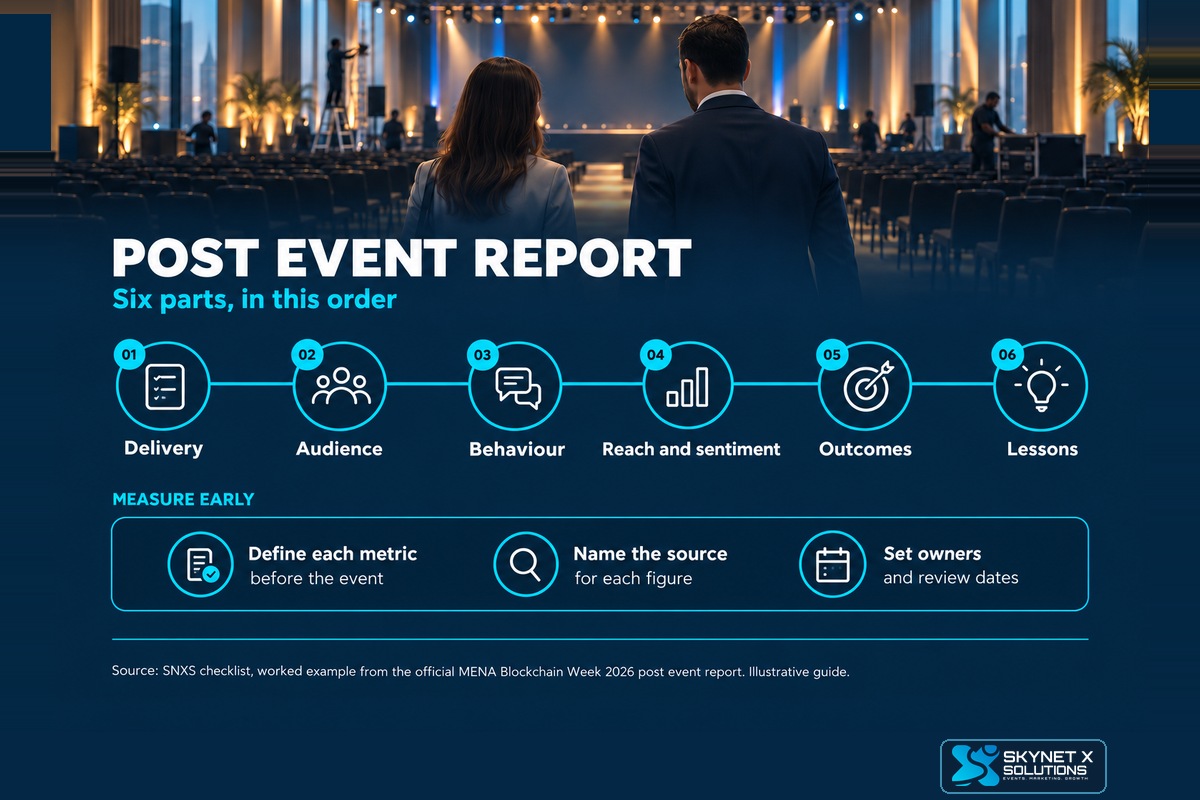 Illustrative checklist infographic: six parts of a post event report for a Dubai corporate event.