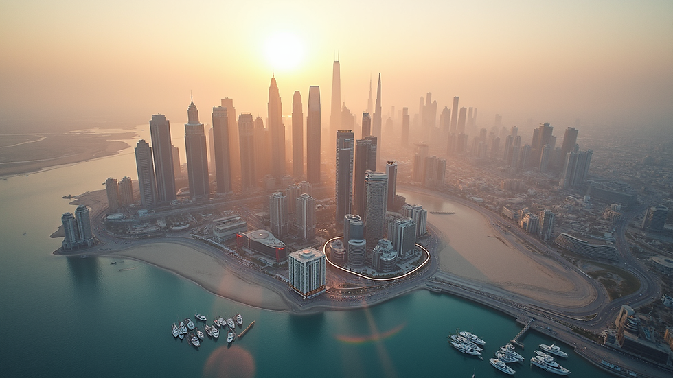 High angle view of the Dubai skyline with blockchain-themed installations