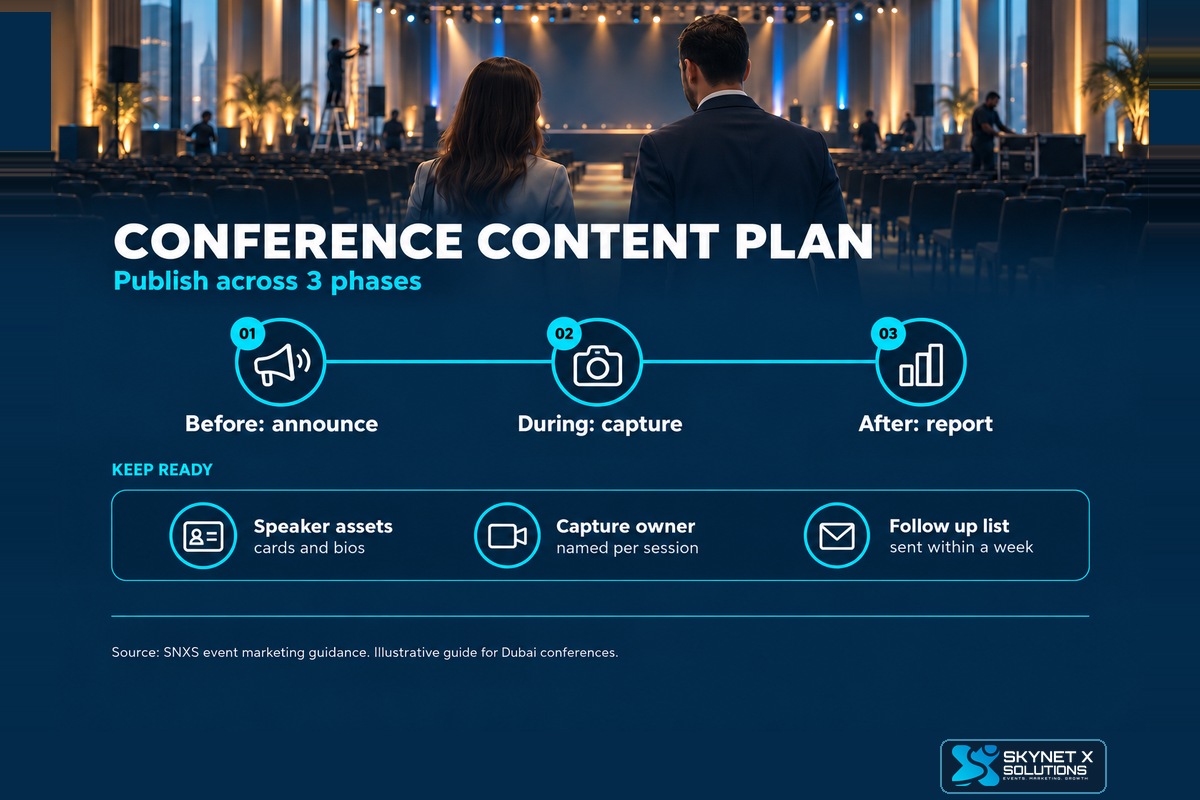 Illustrative infographic: a three phase content plan for a Dubai conference covering before, during and after the event.
