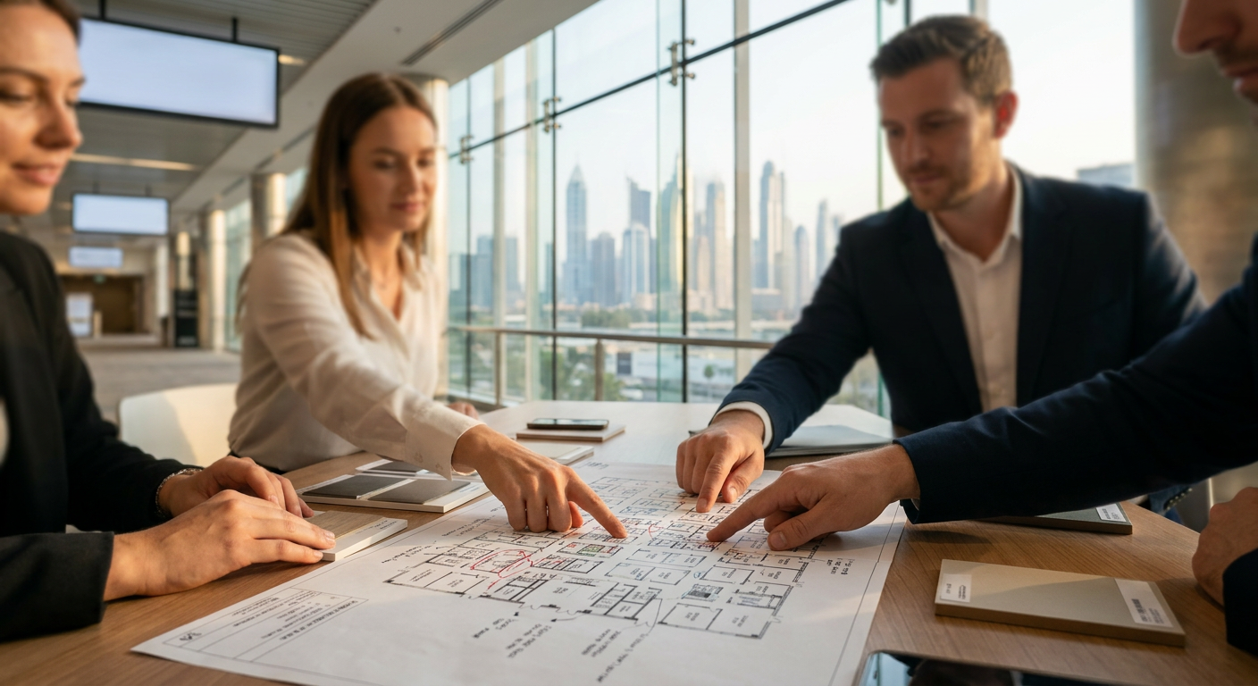Team reviewing a booth floor plan and product samples in a Dubai exhibition hall corridor with the skyline visible through glass