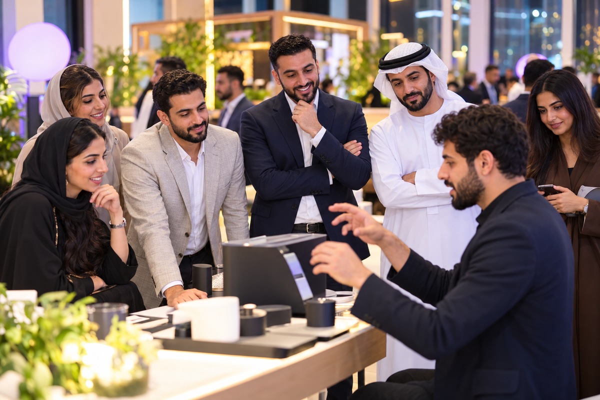 Illustrative photo of professionals at a branded product demonstration area at a Dubai corporate event.