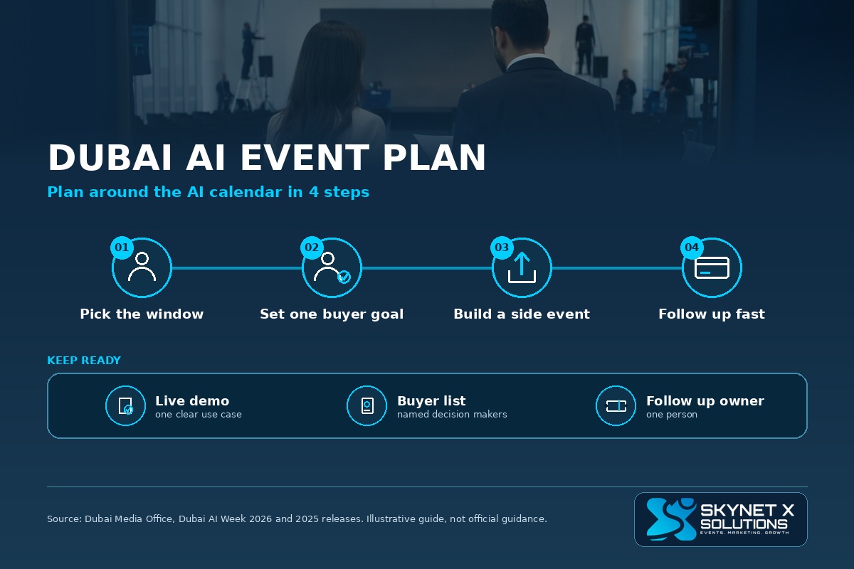 Illustrative infographic: four steps for an AI brand to plan events around Dubai AI Week, with a keep ready strip for demo, buyer list and follow up owner.