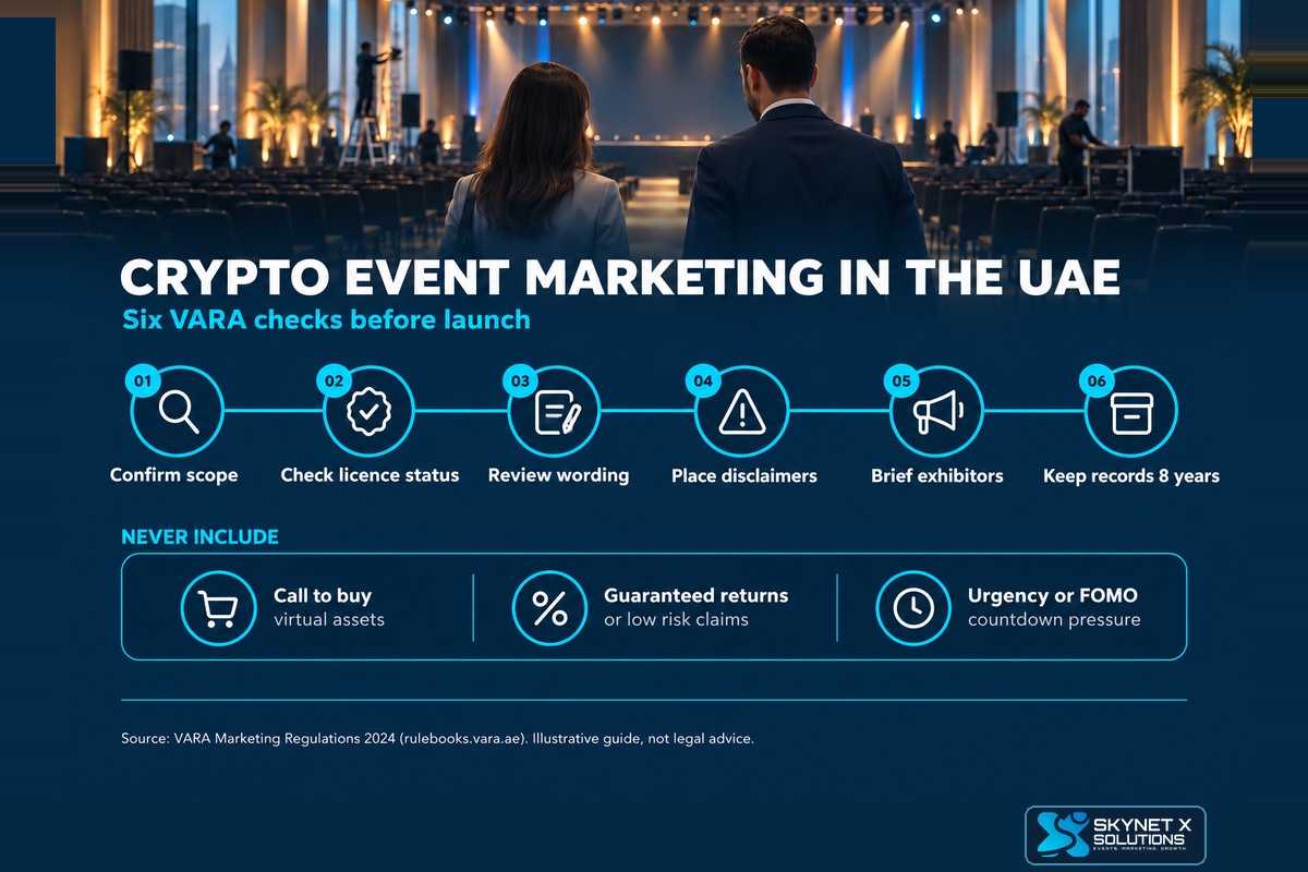 Illustrative checklist infographic: six VARA compliance checks for crypto event marketing in the UAE.
