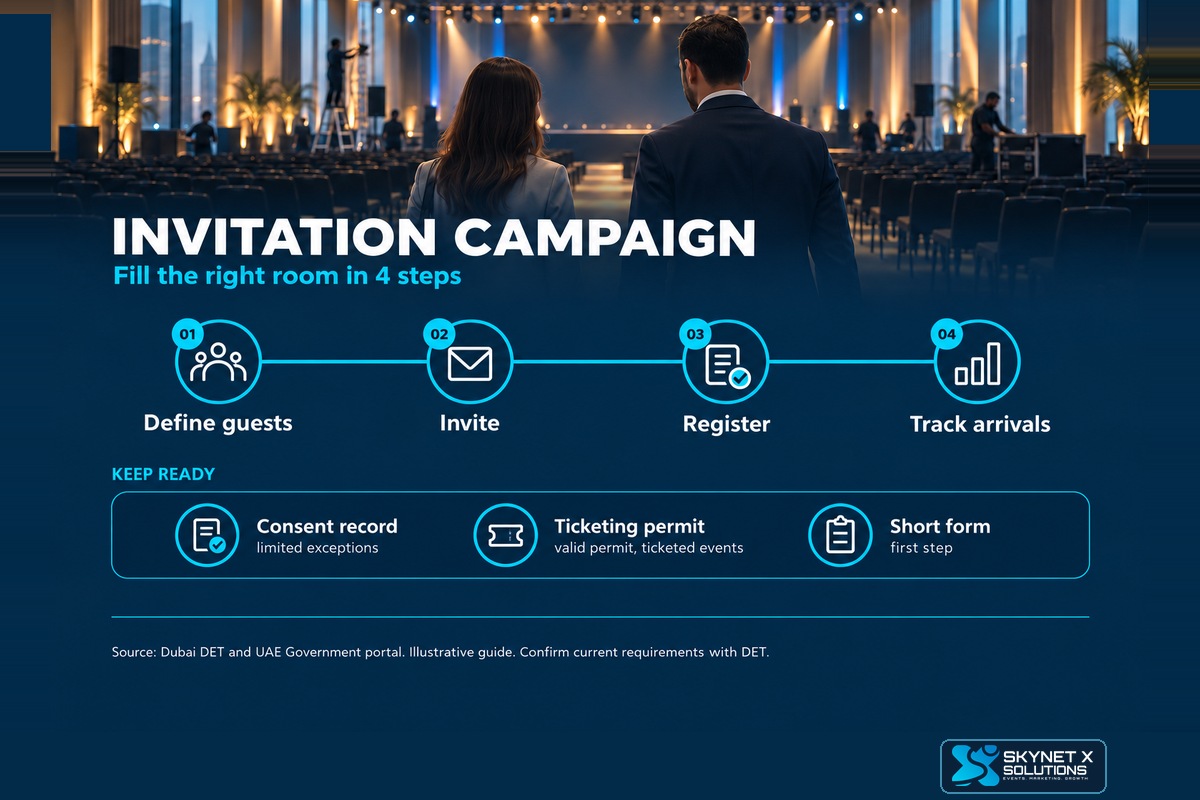 Illustrative infographic: four steps of an invitation and registration campaign for a UAE corporate event.