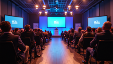 Eye-level view of a modern conference hall set up for a tech event
