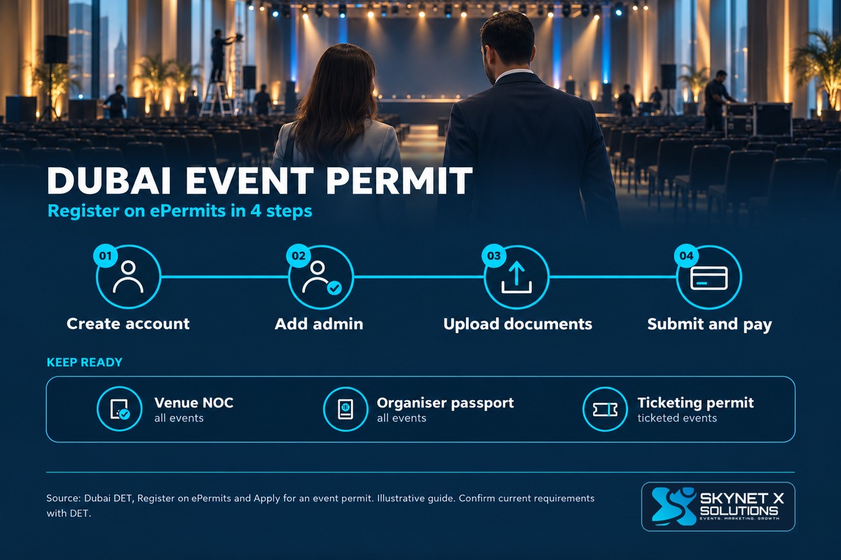 Illustrative infographic: four steps to register on the DET ePermits portal for a Dubai event permit, and the documents to keep ready.