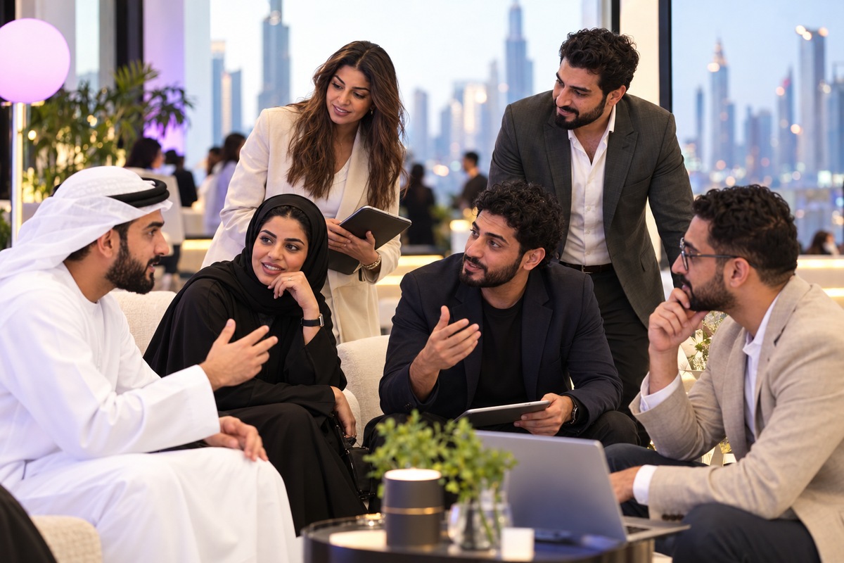 Editorial photograph of professionals and community hosts coordinating at a brand event in Dubai.