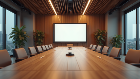 Eye-level view of a modern conference room with virtual event setup