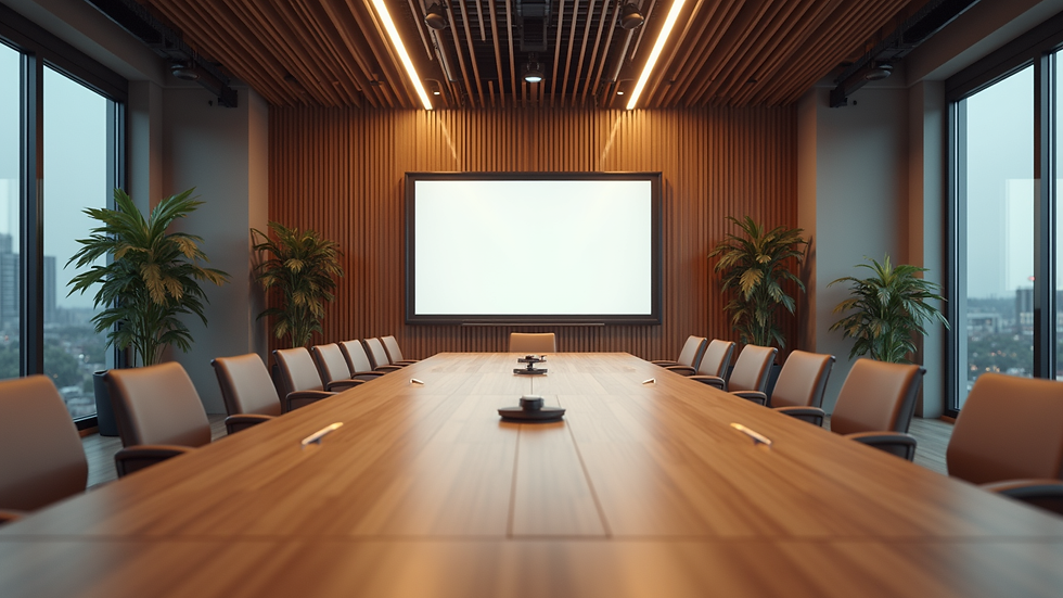 Eye-level view of a modern conference room with virtual event setup