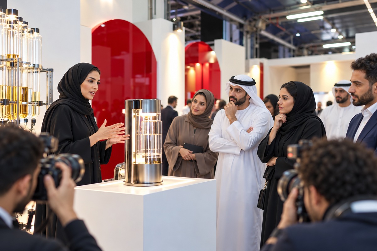 Illustrative editorial photograph of a product launch showcase on an exhibition stage in Dubai, with a presenter demonstrating an unbranded product to a professional audience.