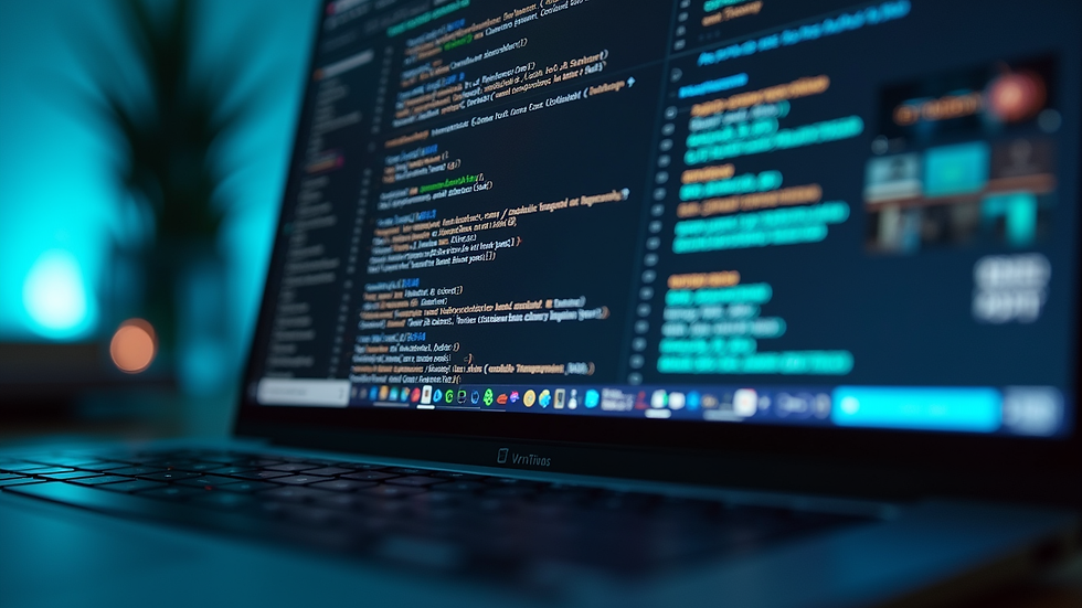 Close-up view of a laptop screen showing blockchain code and event marketing dashboard