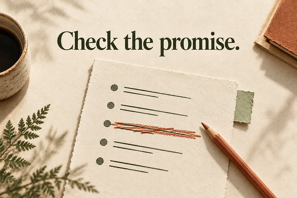 Check the promise. A cream proposal sheet with an unsupported line crossed out in terracotta, beside a pencil and sage paper tab.