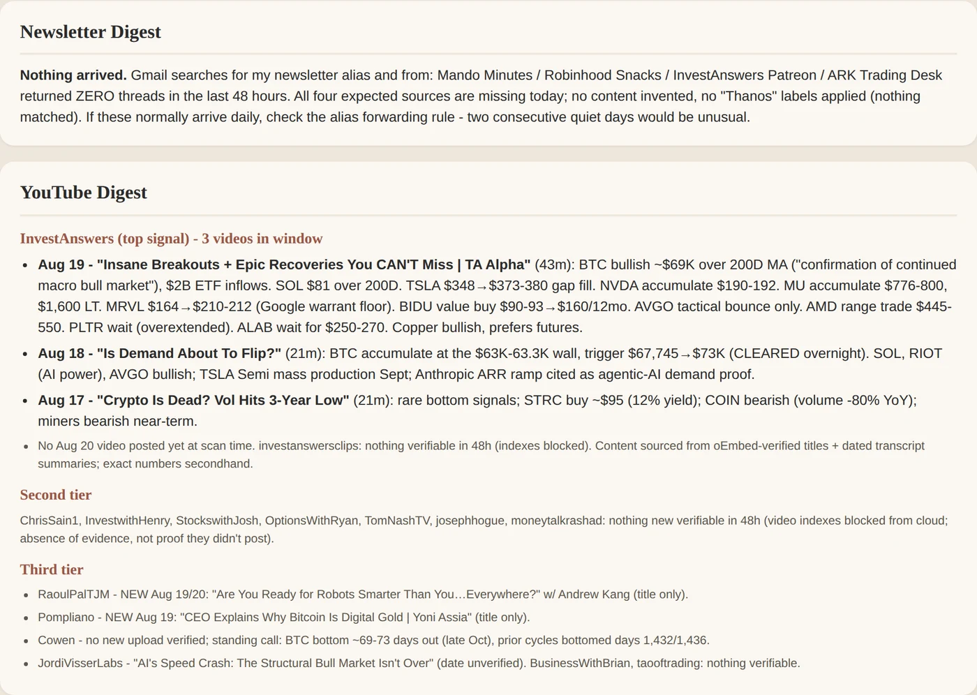 The newsletter digest reporting nothing arrived, and the YouTube digest with InvestAnswers as tier one and the second and third tiers named