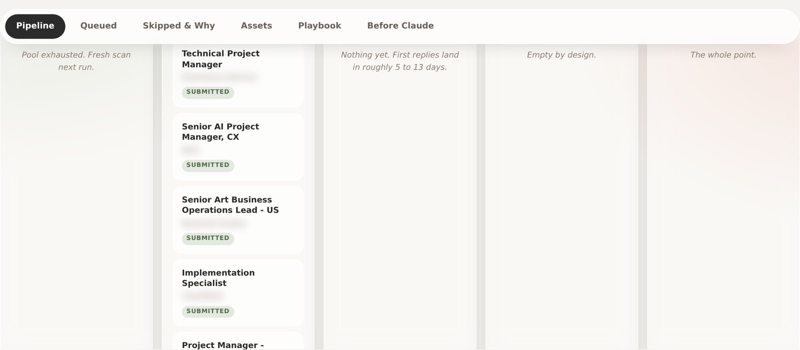 The pipeline board: applied, screening, interviewing and offer columns