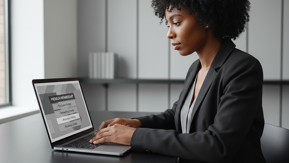 Eye-level view of a business owner reviewing membership benefits on a laptop