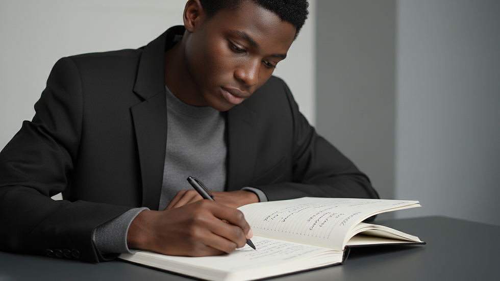 Close-up view of a young entrepreneur writing a business plan in a notebook