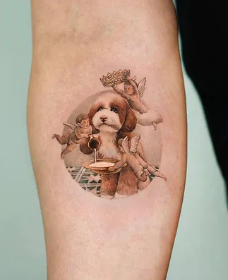 Coloured Dog and Angels Tattoo