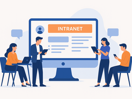 Equipe de colaboradores acessando a intranet com facilidade e eficiência.