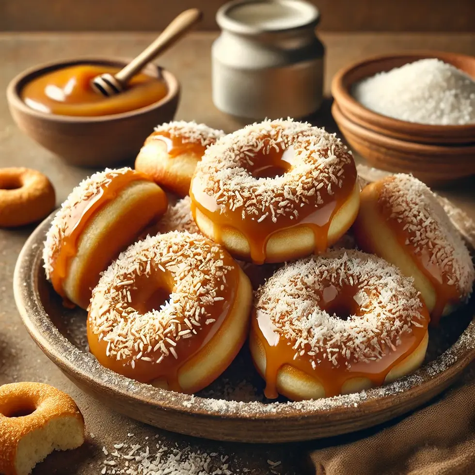 Uma imagem mostrando os mini-donuts cobertos com doce de leite e coco, transmitindo um visual caseiro e acolhedor.