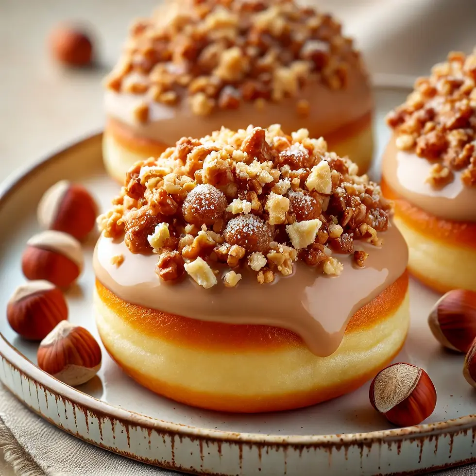 Imagem dos mini-donuts cobertos com creme de avelã e nozes, enfatizando a textura crocante das nozes sobre o brilho do creme.