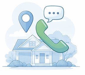 A light blue illustration of a house with a garage and a green telephone handset with a location marker