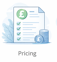 A light blue illustration with a piece of paper with the corner folded over, a green circle on the page with a pound sing in it in white and a pile of coins in the right hand corner