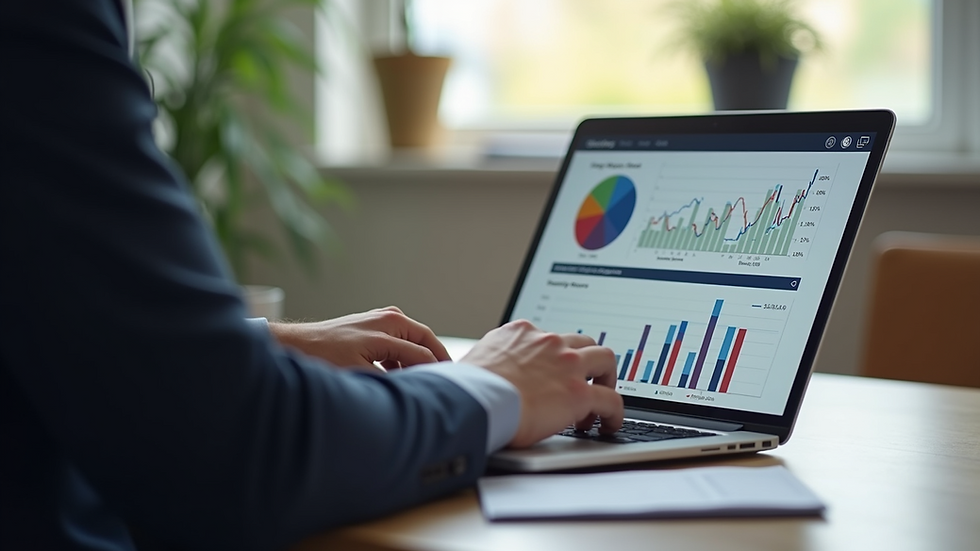 Eye-level view of a business owner analyzing financial data on a laptop