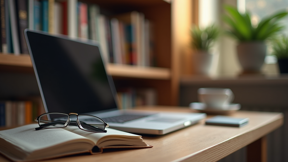 Eye-level view of a cozy study space with books and a laptop