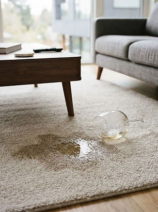 glass of small amout of light colored drink spilled on carpet in modern living room settin