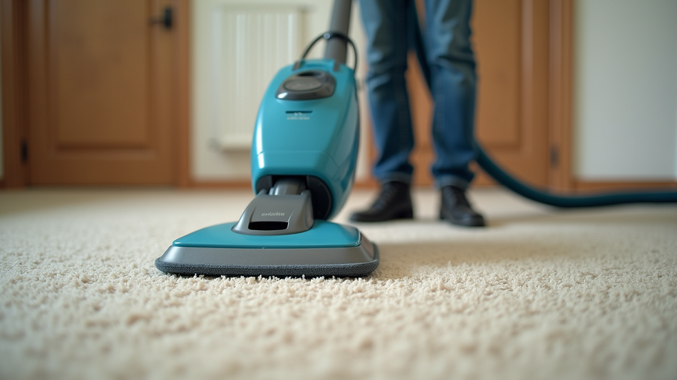 Eye-level view of a professional carpet cleaner using a machine on a beige carpet