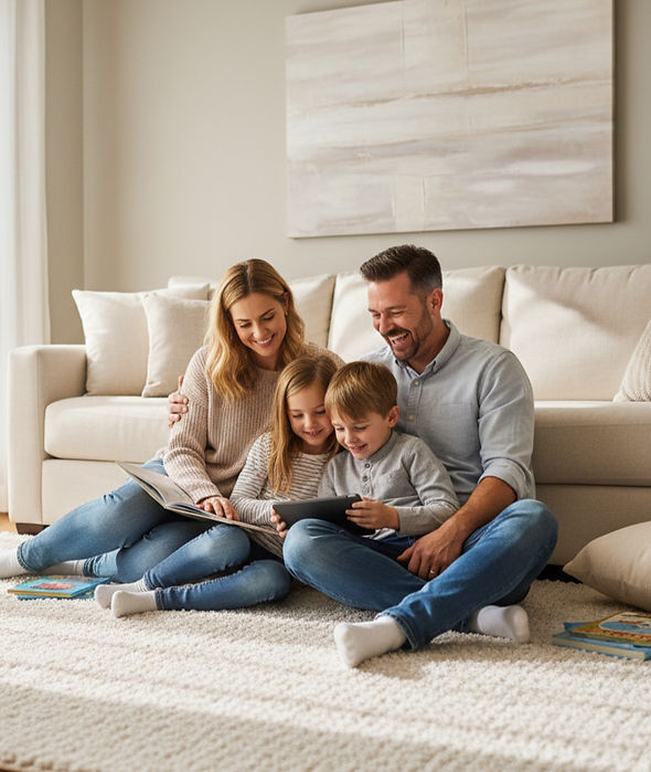 family sitting in front of sofa on white living room carpet.jpg