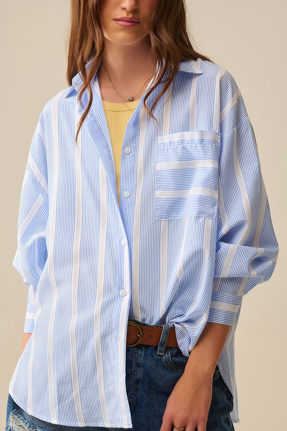 Thumbnail: Blue and White Relaxed Fit Striped Shirt Tie at the Back