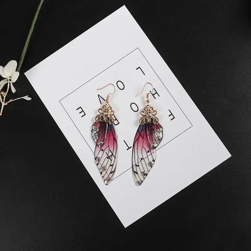 Insect Butterfly Wing Drop Earrings Foil Rhinestone Earrings