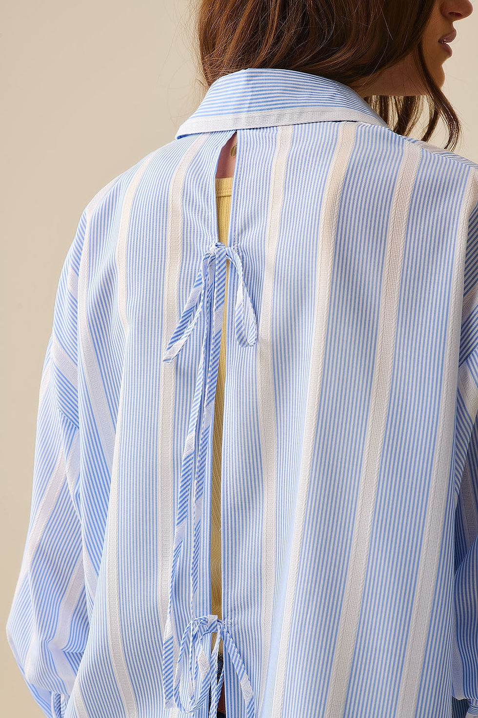Thumbnail: Blue and White Relaxed Fit Striped Shirt Tie at the Back